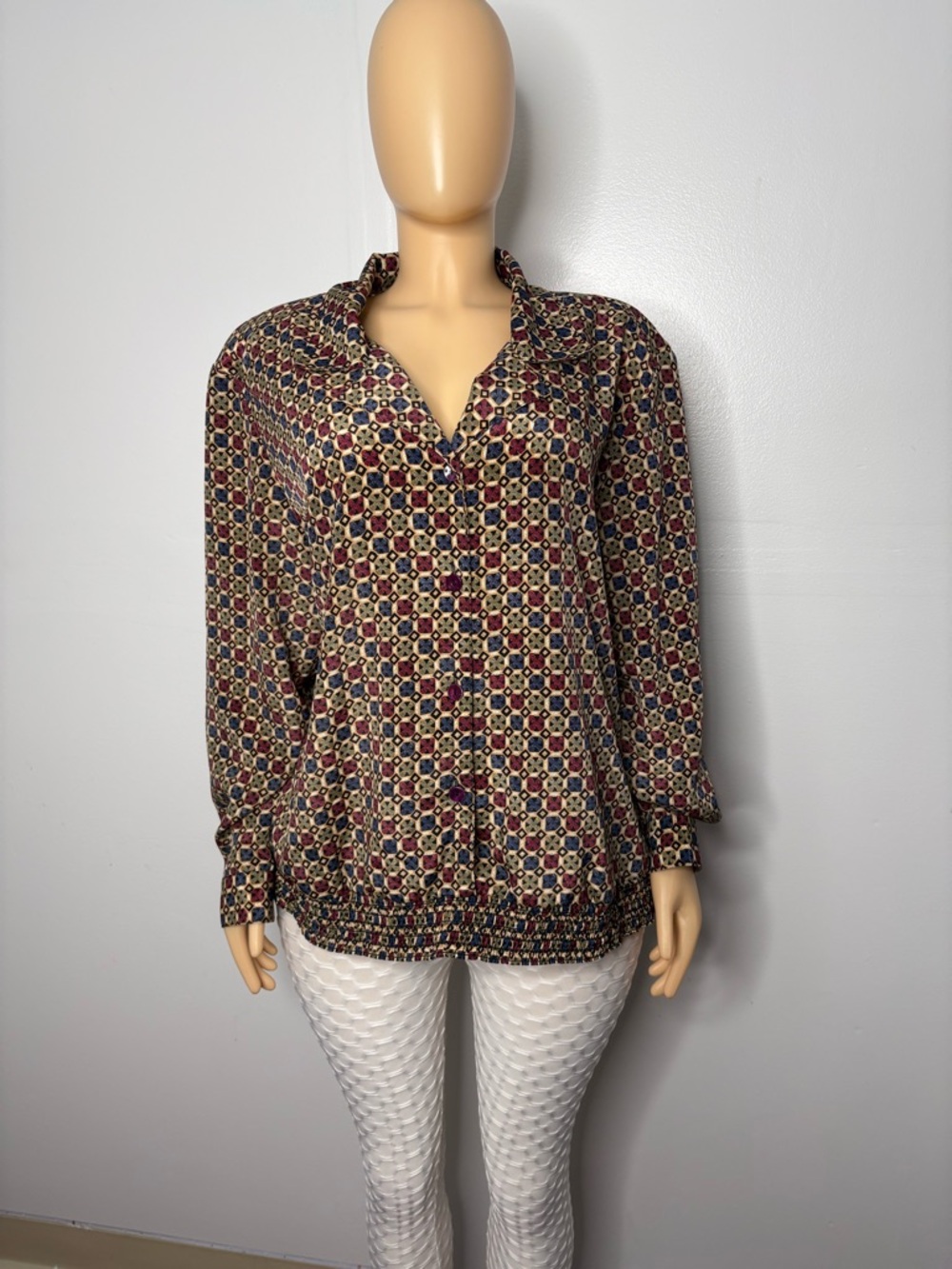 Printed Long-Sleeve V-Neck Blouse in Multi-Color